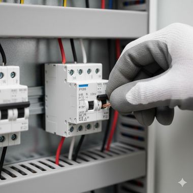 A gloved hand wiring a circuit breaker in an electrical panel. Red, black, and white wires.