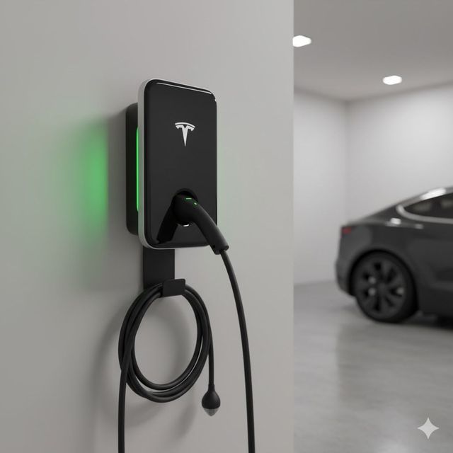 Tesla electric vehicle charger mounted on a wall in a garage, plugged into a black car.