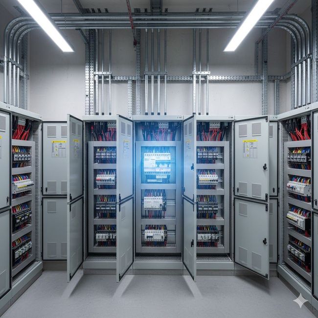 Electrical control room with open grey cabinets exposing complex wiring and circuit boards, overhead lighting.