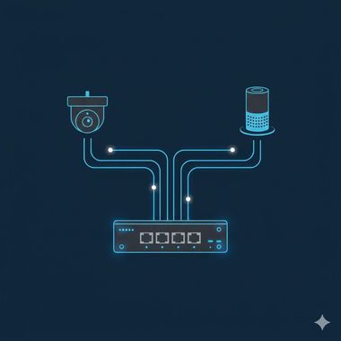 Illustration of a security camera and a smart speaker connected to a network switch via blue cables.
