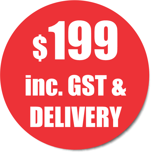 Red circle with white text: $169 ea, including GST.