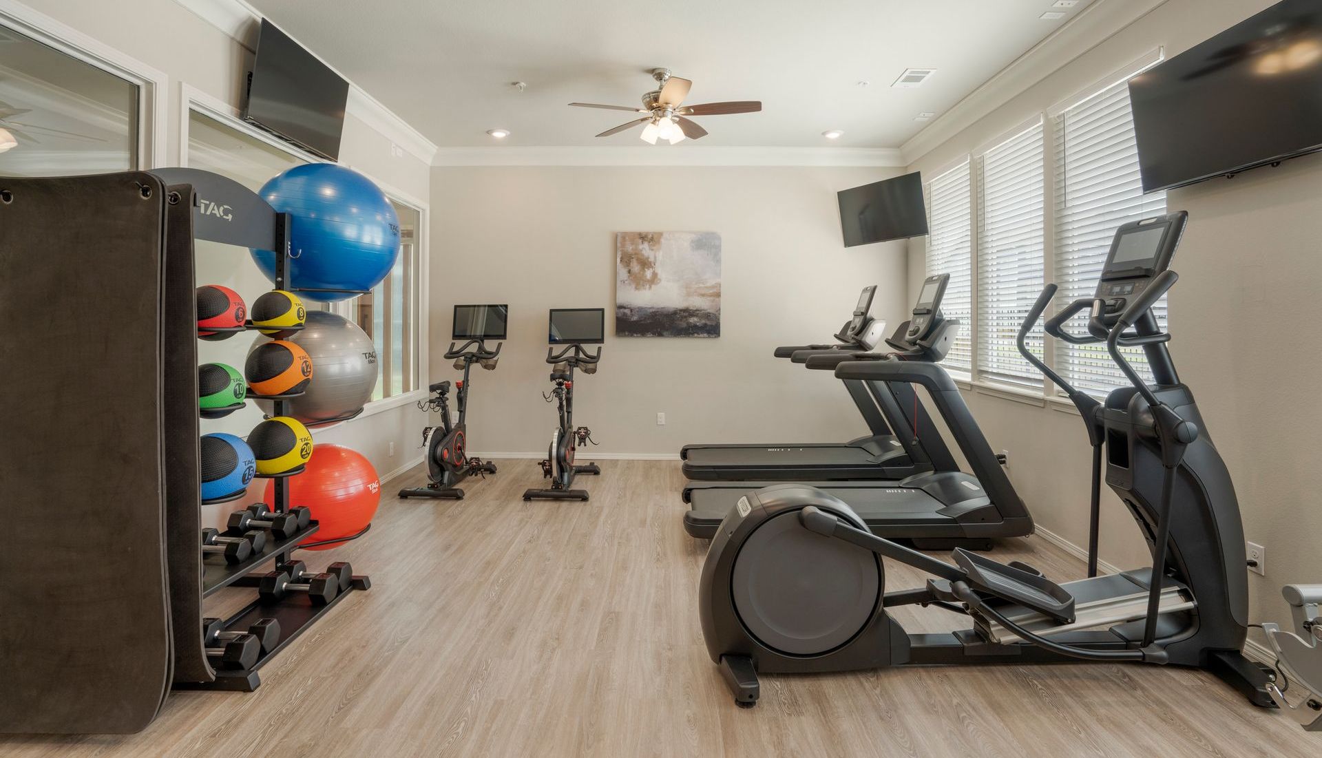 A gym with treadmills , exercise bikes , and a ceiling fan.