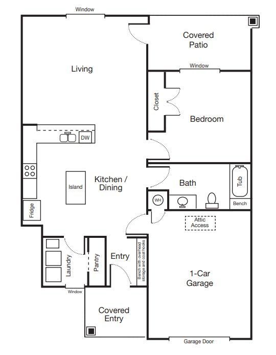 A floor plan of a house with a garage and covered entry.