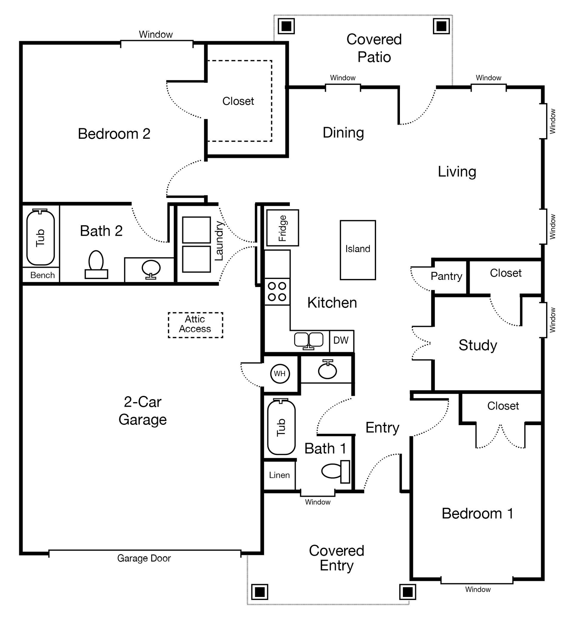 A floor plan of a house with a 2 car garage