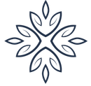 A black and white drawing of a snowflake with leaves on a white background.