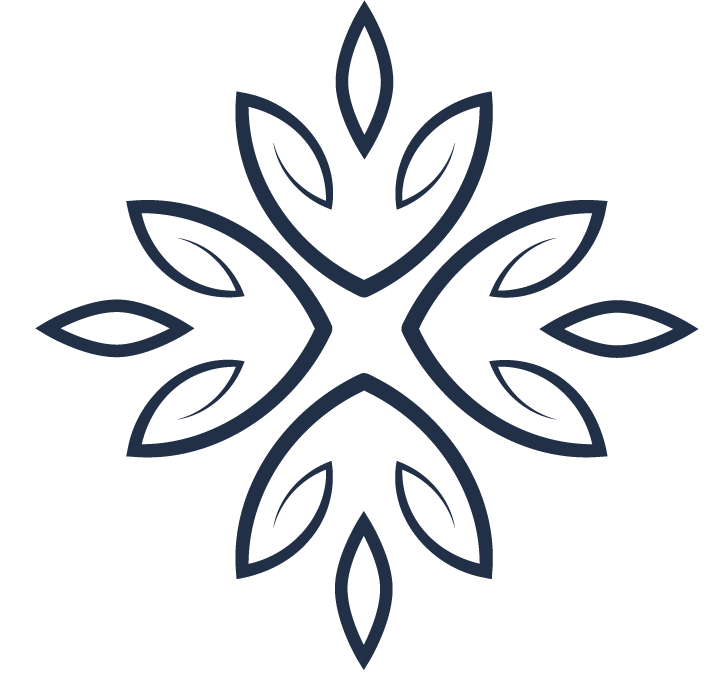 A black and white drawing of a snowflake with leaves on a white background.