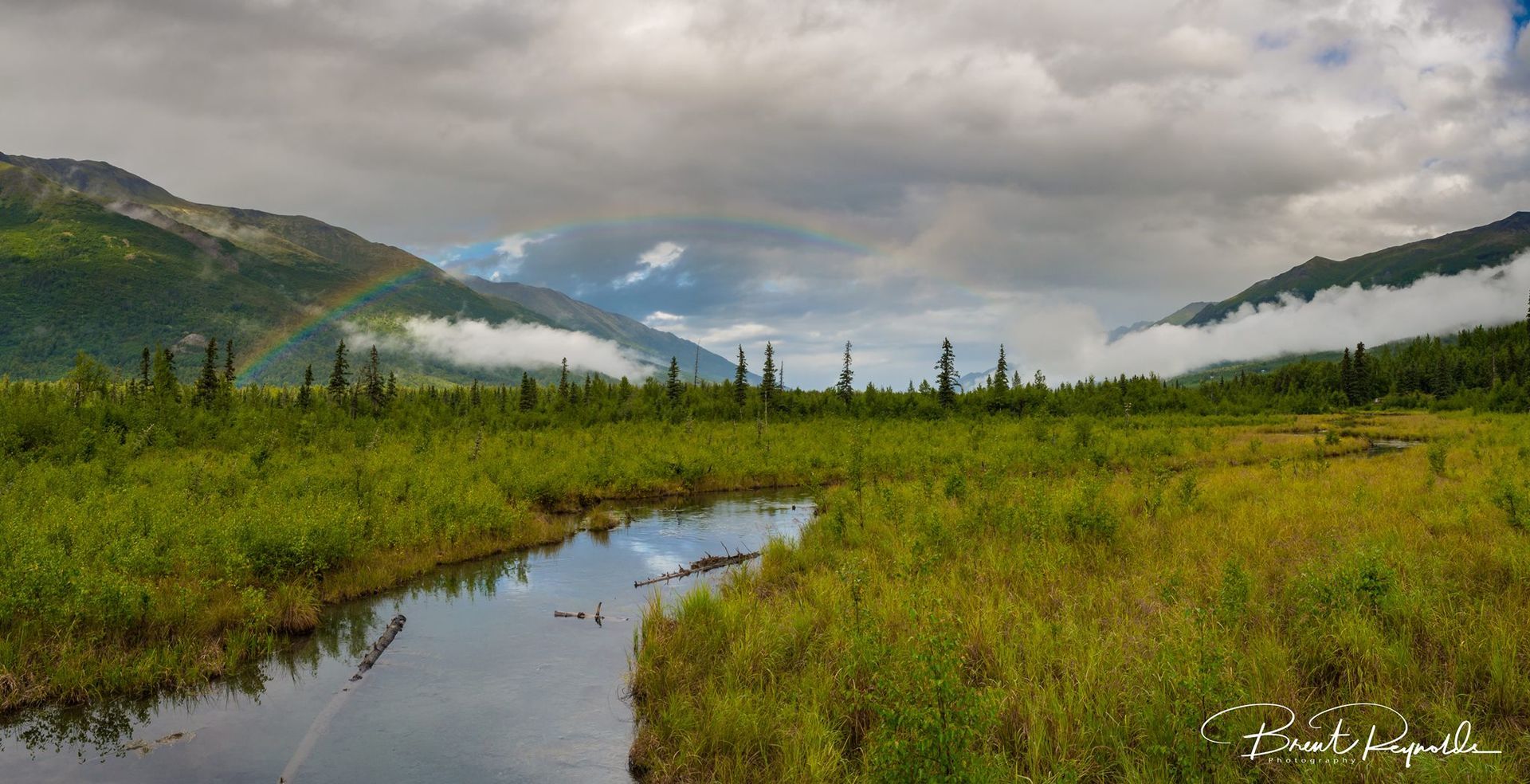 A swamp with a rainbow in the background and mountains in the background.