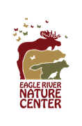 The logo for the eagle river nature center shows a moose , bear , and birds.