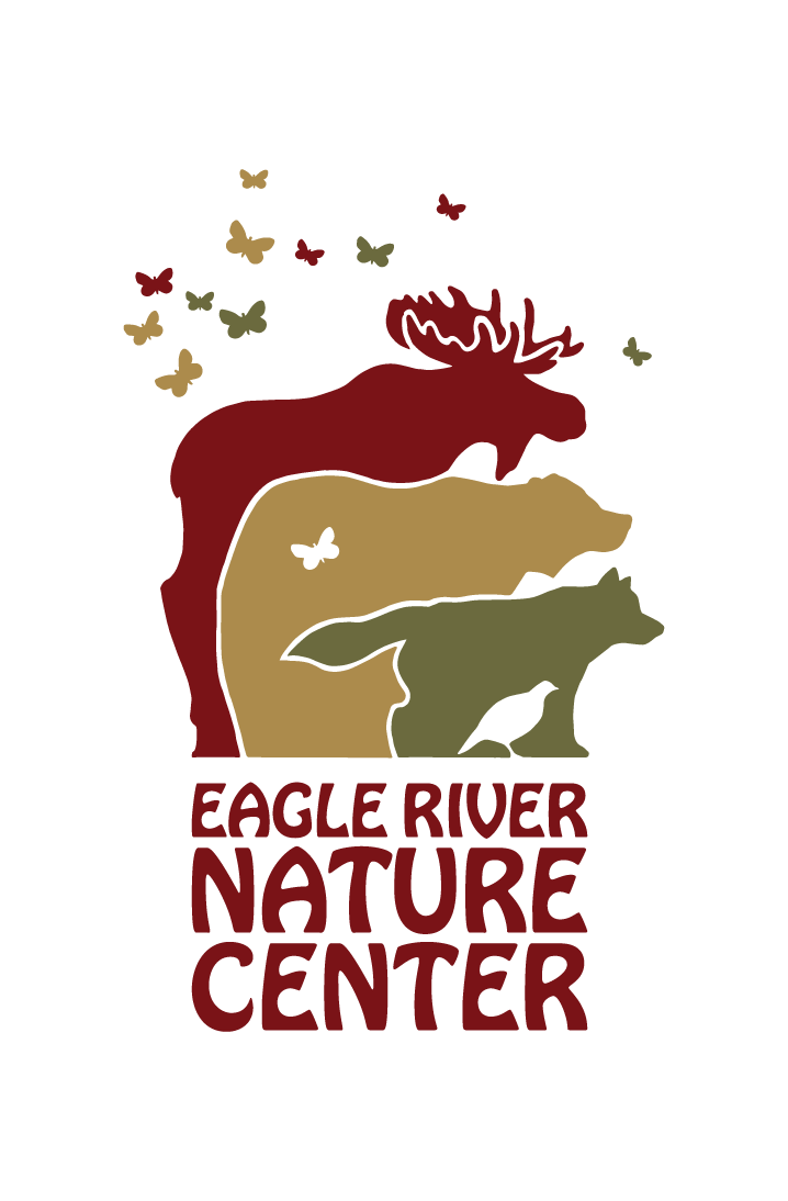 The logo for the eagle river nature center shows a moose , bear , and birds.