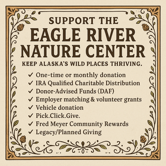 A button for the eagle river nature center with a moose and a bear on it.