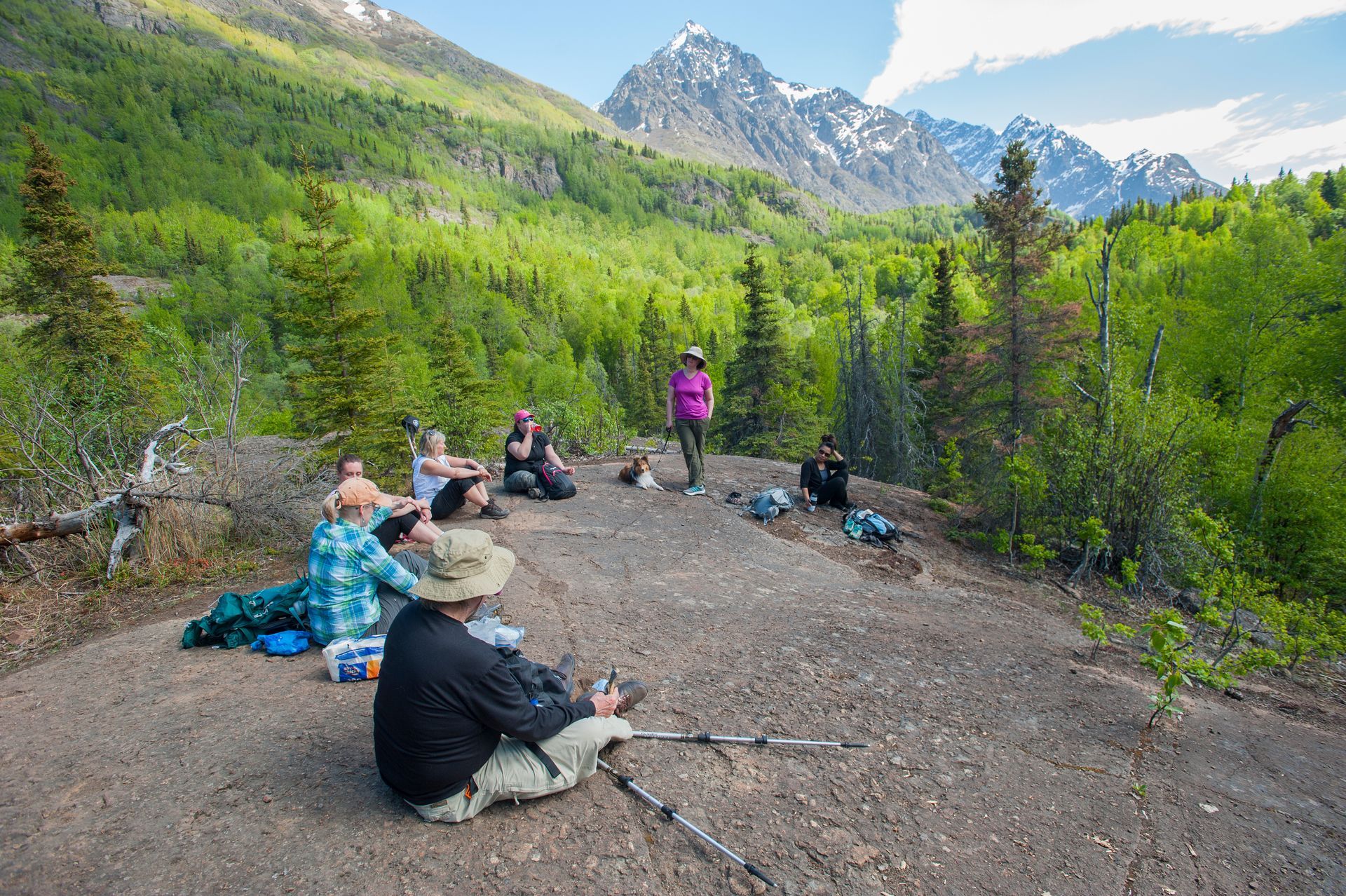 A group of people are sitting on a rock in the woods with mountains in the background.