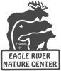 The logo for the eagle river nature center shows a moose , bear , and bird.