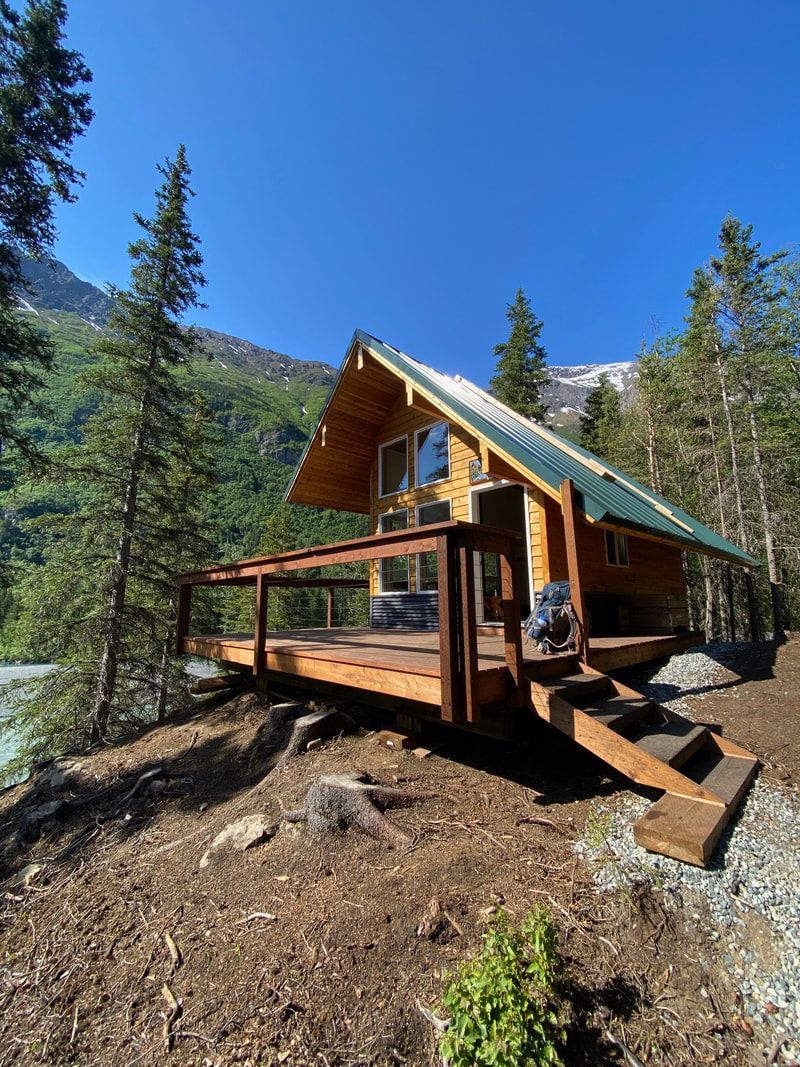 A small log cabin with a deck in the middle of a forest.