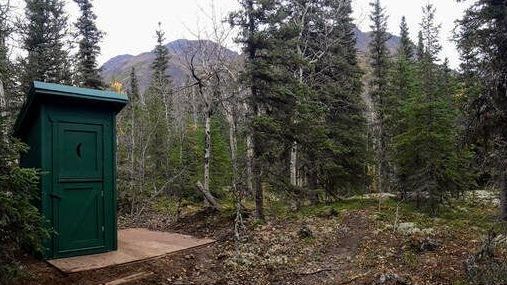 A green outhouse in the middle of a forest with mountains in the background.
