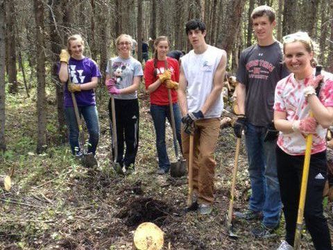 A group of people are standing in the woods holding shovels.
