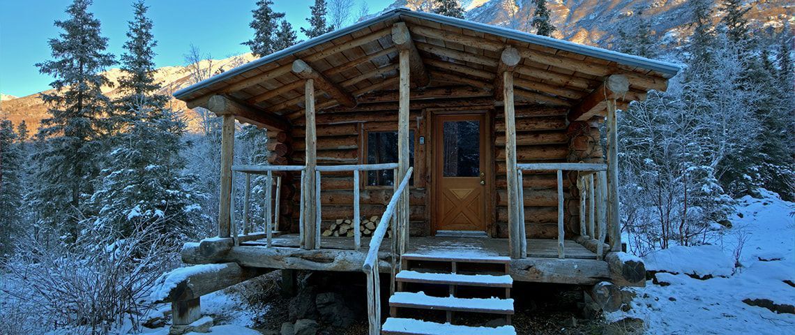 A small log cabin in the middle of a snowy forest.