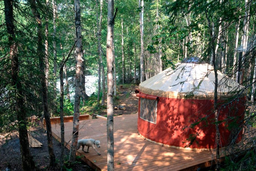 A red yurt is sitting on a wooden deck in the middle of a forest.