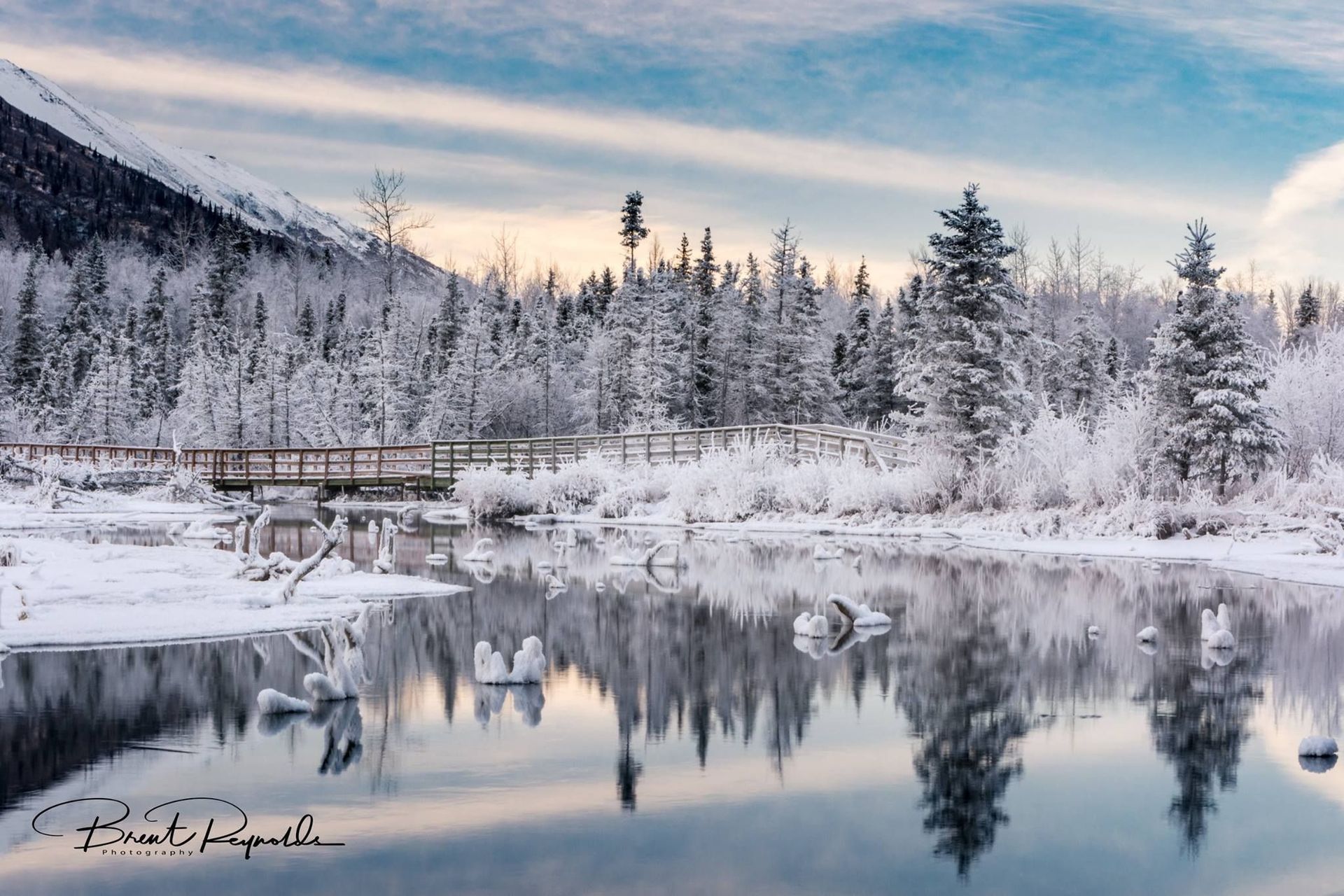 A snowy forest is reflected in the water of a lake.
