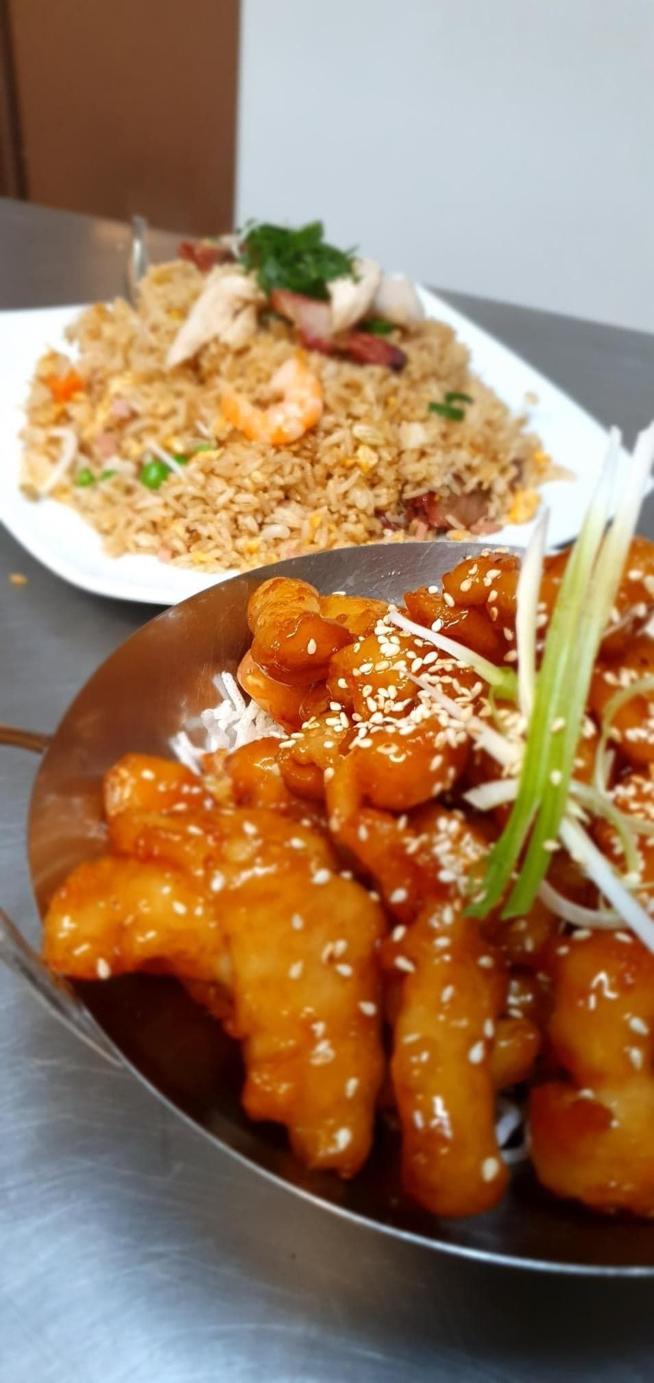 Chinese Food: Fried Rice With Shrimp and Sweet and Sour Chicken in a Bowl — L'il Buddha Asian Cuisine in Salamander Bay, NSW