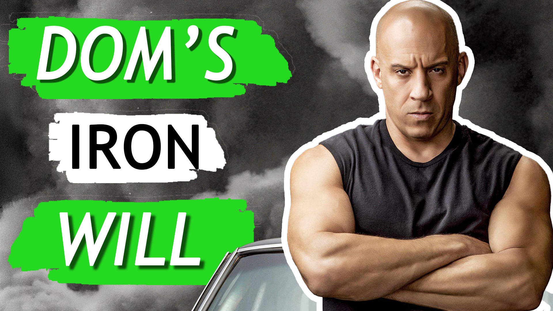 Vin diesel is standing in front of a car with his arms crossed.