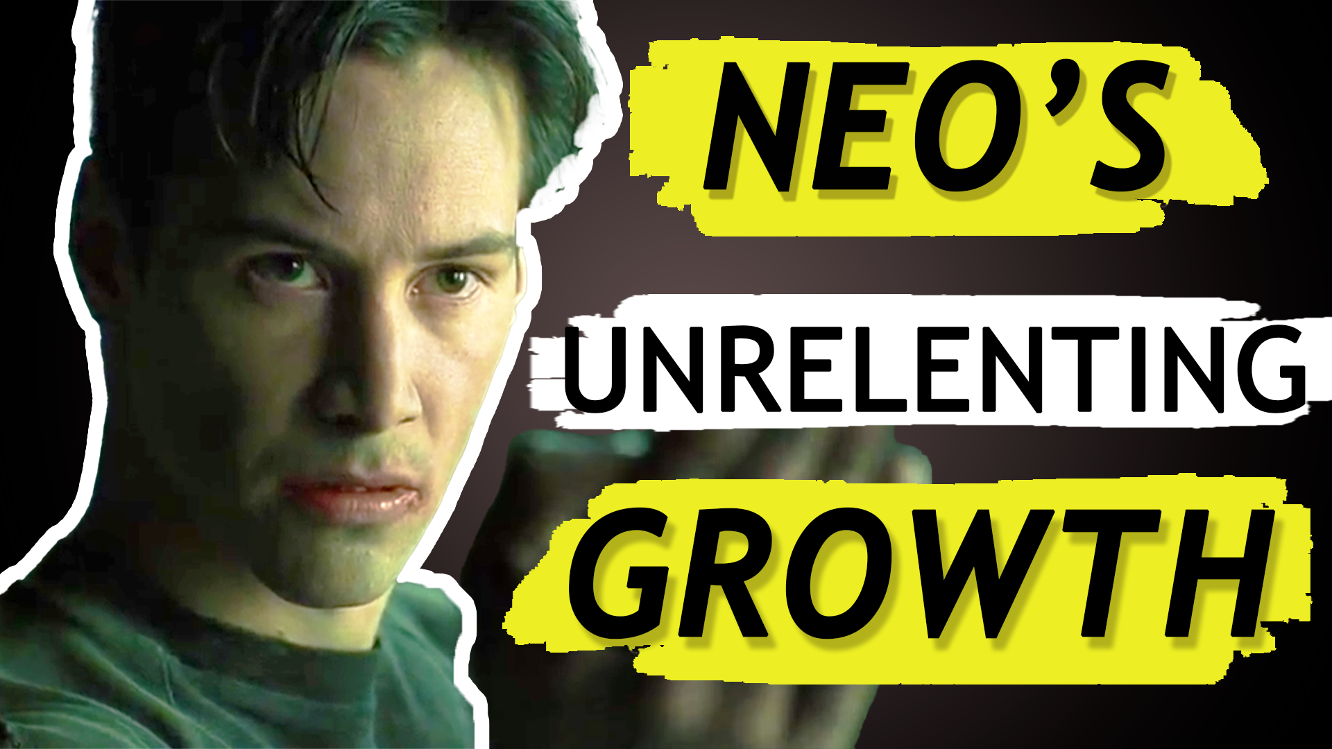 A man with green hair is standing in front of a sign that says neo 's unrelenting growth.