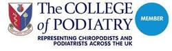 Logo for The College of Podiatry. It features a crest and a blue circle that says