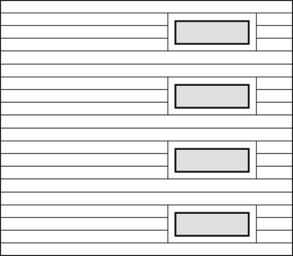 A black and white drawing of a garage door with three windows.