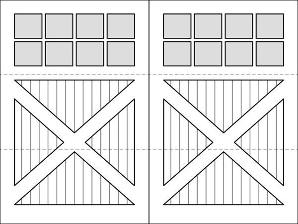 A black and white drawing of a garage door with squares on it.