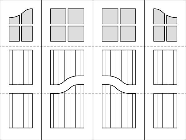 A black and white drawing of four different types of garage doors.