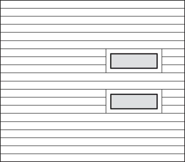 A black and white drawing of a garage door with two windows.