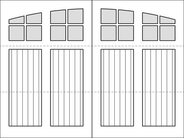 A black and white drawing of a garage door with windows.