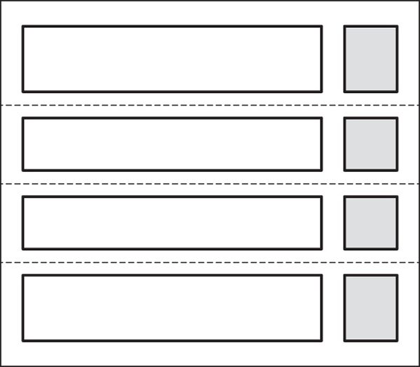 A black and white drawing of a row of rectangles and squares.