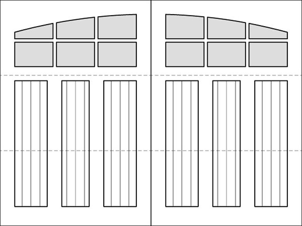 A black and white drawing of a garage door with windows.