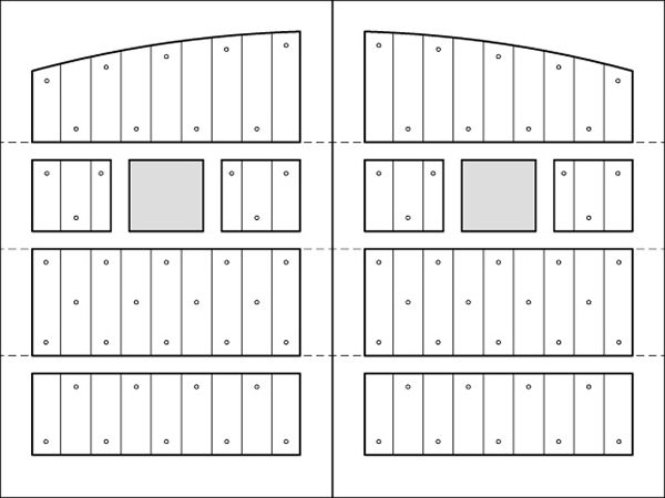 A black and white drawing of a garage door with a square in the middle.