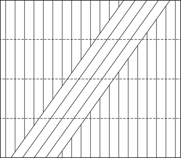 A black and white drawing of a fence with a diagonal line.