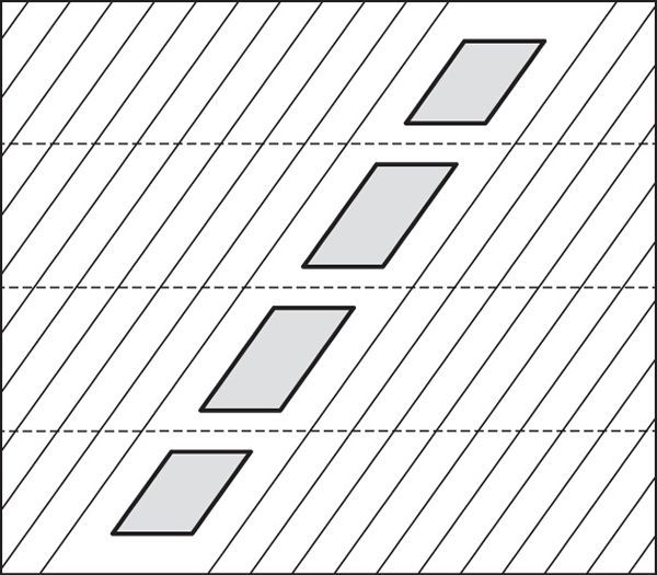 A black and white drawing of three squares on a diagonal striped background.