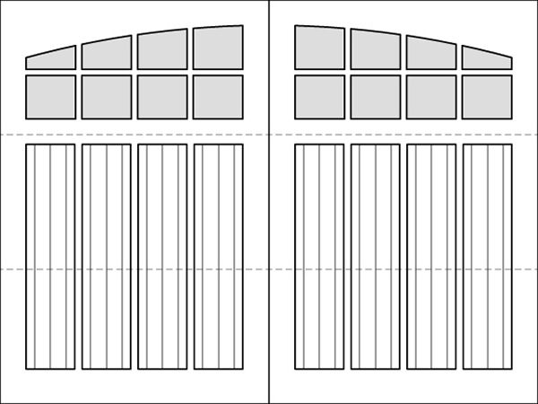 A black and white drawing of a garage door with a window.