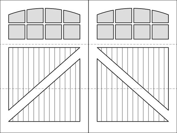 A black and white drawing of a garage door with a window.