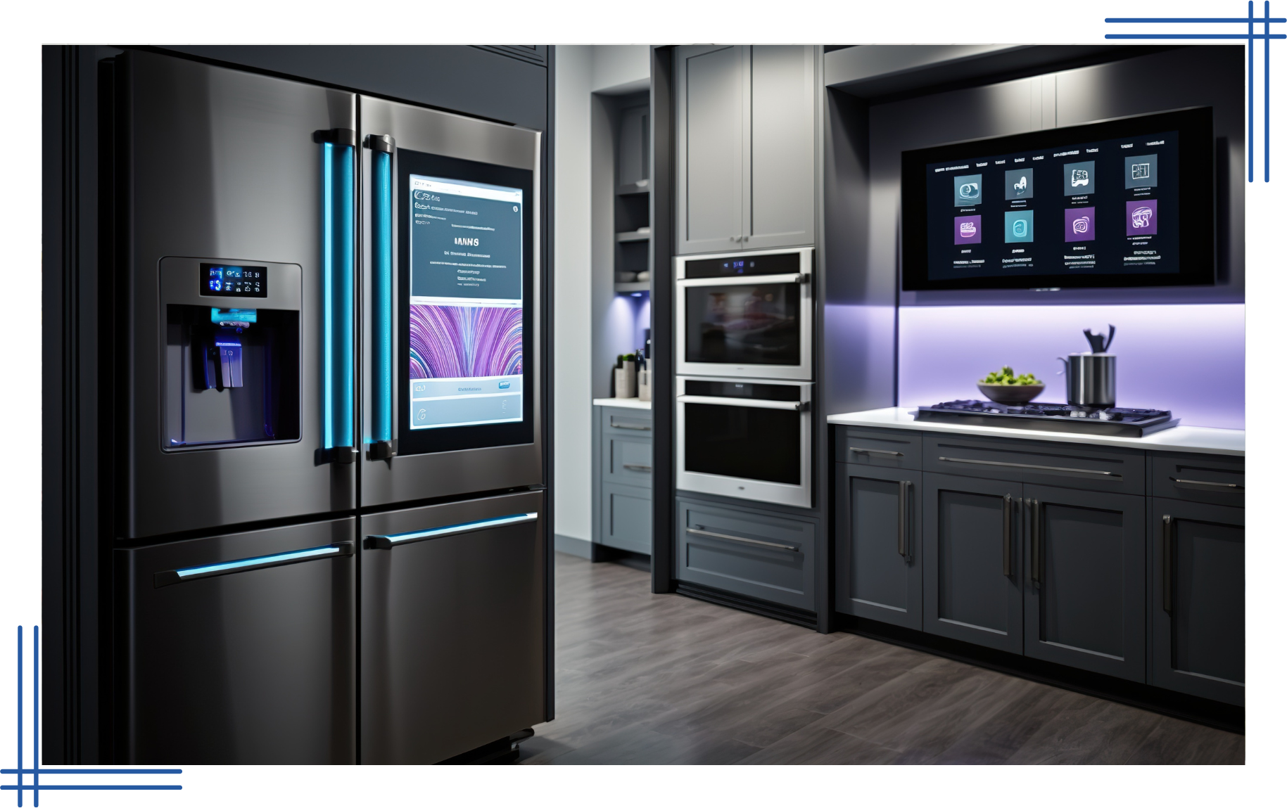 A kitchen with a refrigerator , oven , and television.