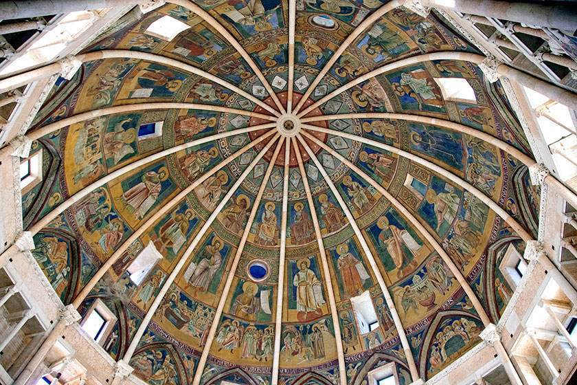 Ornate, fresco-covered dome ceiling depicting biblical scenes with stained-glass windows in a historic church.