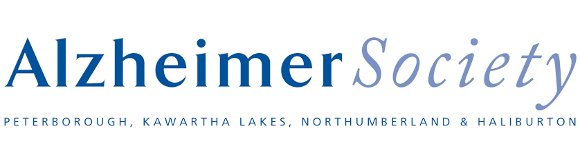 Alzheimer Society logo in blue with Peterborough, Kawartha Lakes, Northumberland & Haliburton text