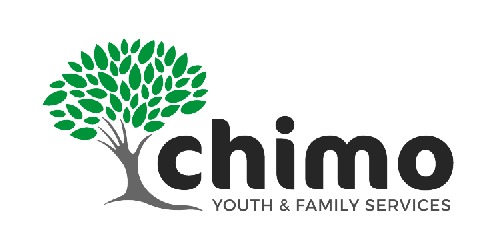Chimo Youth & Family Services logo with green tree in a gray circle