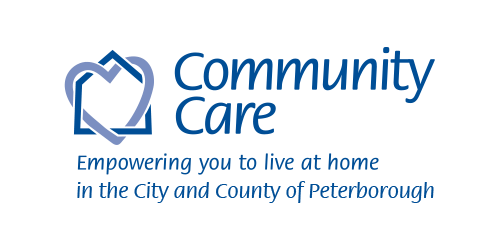 Community Care logo with blue house icon and tagline, “Empowering you to live at home in the City and County of Peterborough”