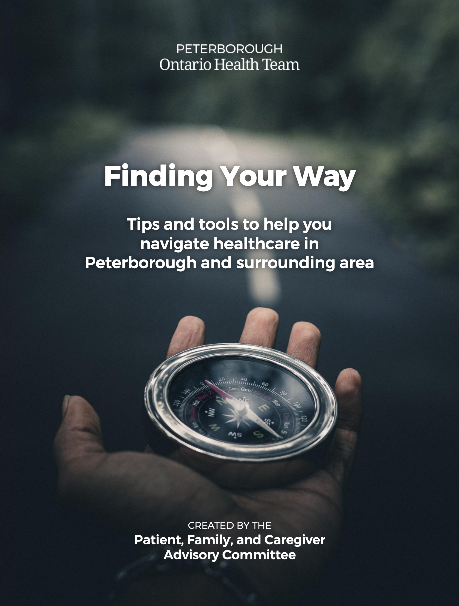 Hand holding compass over blurred forest with text “Finding Your Way” and healthcare navigation tips for Peterborough area