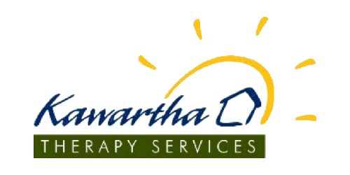 Kawartha Therapy Services logo with blue script, green bar, and yellow sunburst