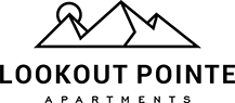 Logo with mountain range and sun over text "Lookout Pointe Apartments".