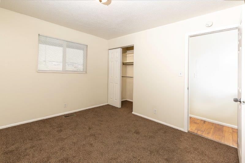Empty bedroom with brown carpet, window, closet, and open door.