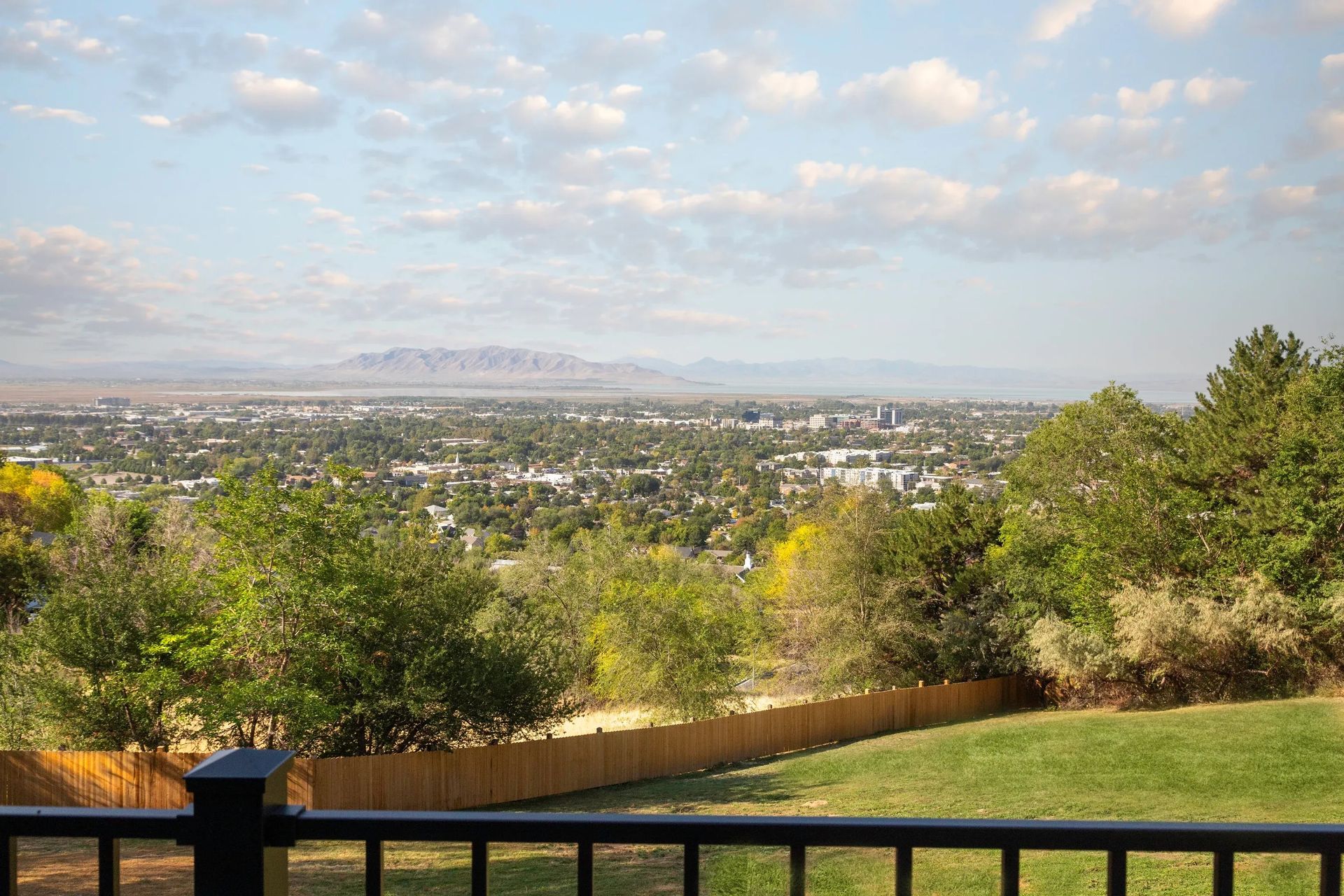 Cityscape viewed from a yard with green grass and trees, against a cloudy sky.