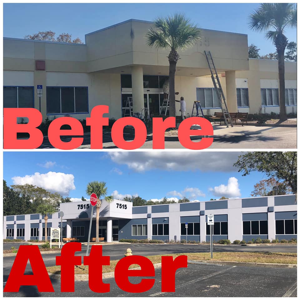A picture of a building before and after being painted