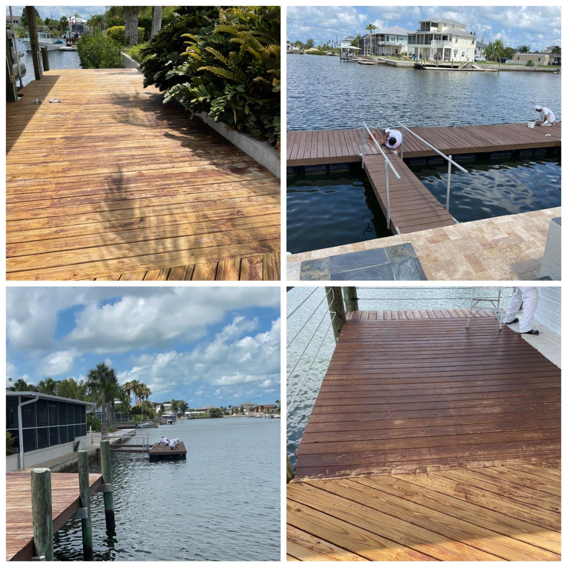 A collage of four pictures of a wooden dock